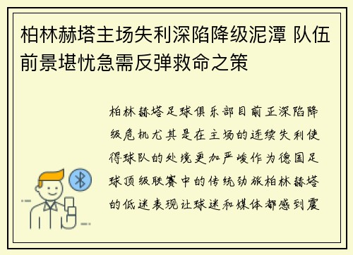 柏林赫塔主场失利深陷降级泥潭 队伍前景堪忧急需反弹救命之策