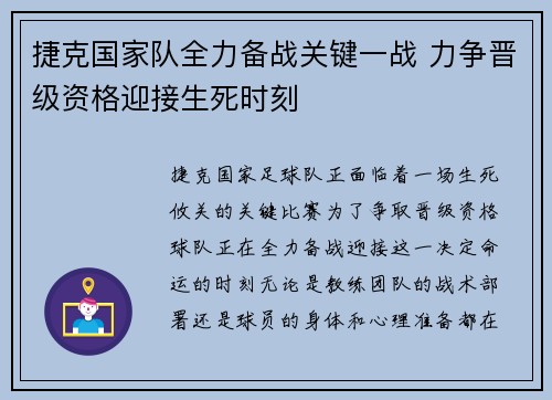 捷克国家队全力备战关键一战 力争晋级资格迎接生死时刻