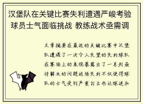 汉堡队在关键比赛失利遭遇严峻考验 球员士气面临挑战 教练战术亟需调整