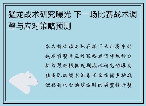 猛龙战术研究曝光 下一场比赛战术调整与应对策略预测