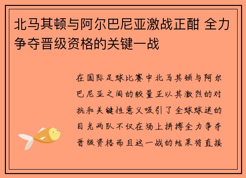 北马其顿与阿尔巴尼亚激战正酣 全力争夺晋级资格的关键一战