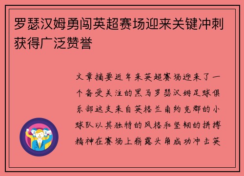 罗瑟汉姆勇闯英超赛场迎来关键冲刺获得广泛赞誉